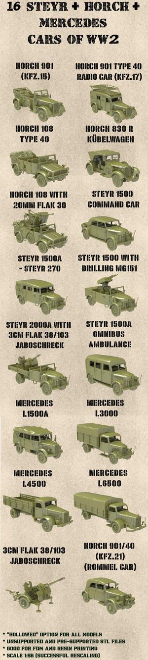 STL PACK - 16 STEYR+HORCH+MERCEDES BENZ Military cars of WW2 (scale 1:56)