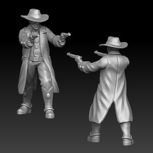 Wild west cowboy gunslinger shoots dual guns
