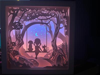 Girl with Cat and Dog Swinging in a Tree Shadowbox