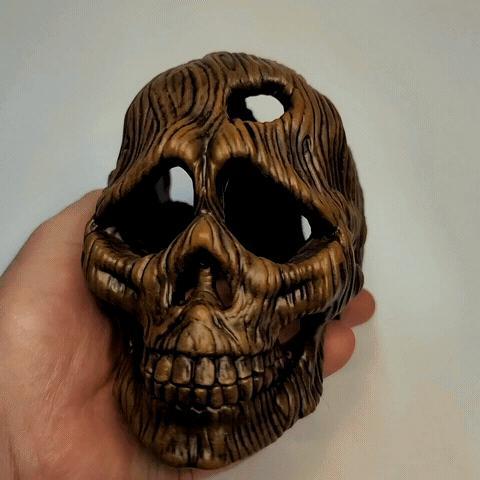 Wooden skull mushroom planter