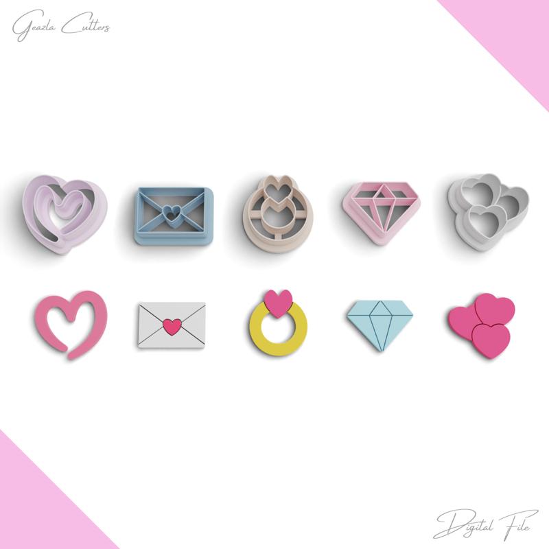 Valentine Day Polymer Clay Cutter Package, 5 Models, 2 Cutter Version, 5 Sizes Included, No: 1273