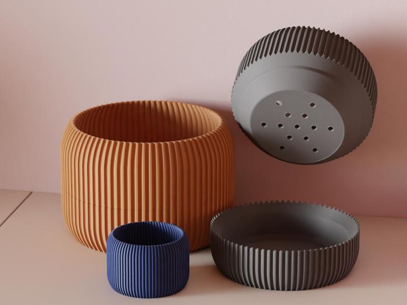 Modern Ribbed Plant Pot With Drainage Drip Tray. 
