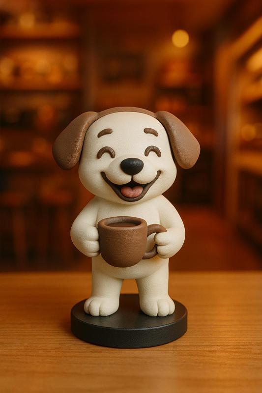 Cute Dog Drinking Coffee Miniature Figurine with Stand