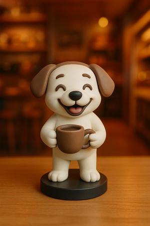 Cute Dog Drinking Coffee Miniature Figurine with Stand