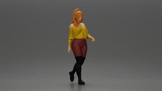 fashionable girl walking her dog, wearing a stylish shirt and long boots