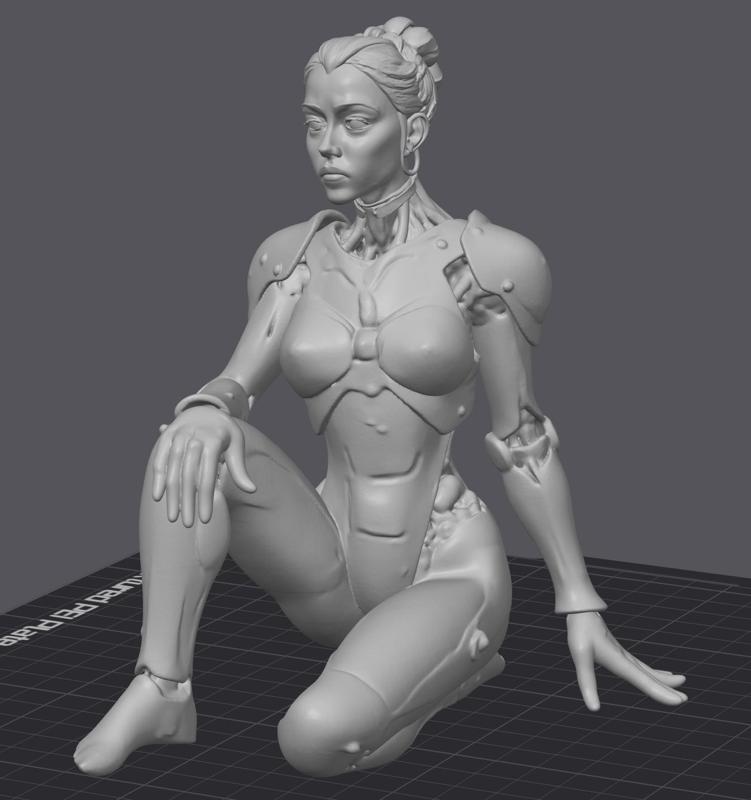 Mech Girl in Robotic Suit Sitting Down Commercial License