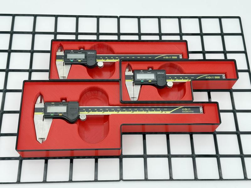 Gridfinity Bins for Mitutoyo Digital Calipers (4in, 6in, and 8in)