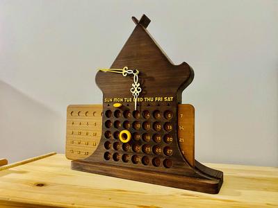 PERPETUAL DESKTOP WOODEN CALENDAR WITH WATCH