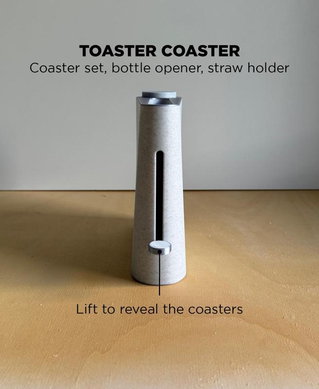 Toaster Coaster, coaster set, bottle opener, straw dispenser.