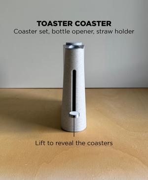 Toaster Coaster, coaster set, bottle opener, straw dispenser.