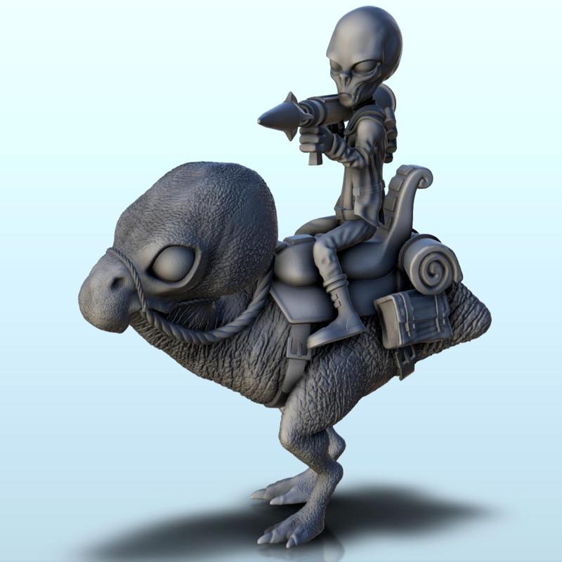 Alien with rocket mounted on two-legged animal (20) (+ pre-supported version & rounded base) - SF Warhordes ET extraterrest Confrontation