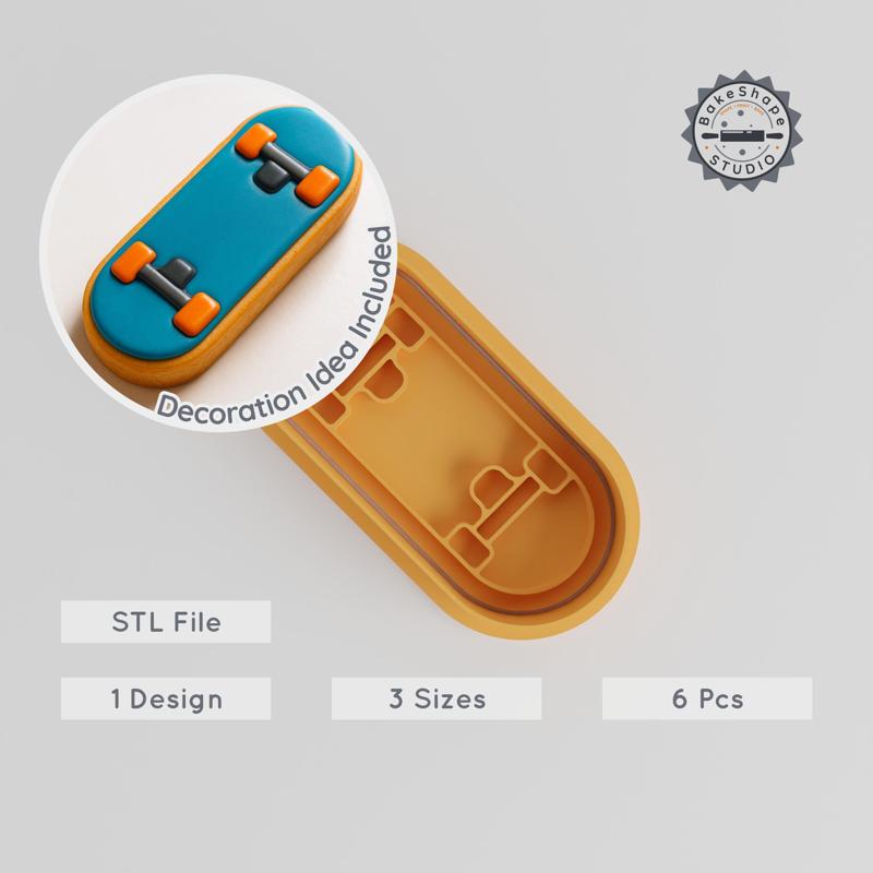 Skateboard Shape Cutter & Stamp Set, Perfect for Cookies & Fondant, Sizes S/M/L, Sports & Skater Theme PRODUCT_598