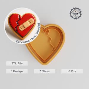 Broken Heart Shape Cookie Cutter & Stamp, Set of 6, Ideal for Fondant or Cookies, Includes S/M/L Sizes PRODUCT_194