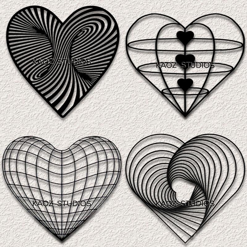 Set of 4 Optical illusion Heart wall art Hearts wall decor Valentines Day Decorations