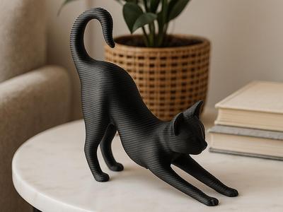 Stretching Cat Sculpture – Minimalist 3D Figurine
