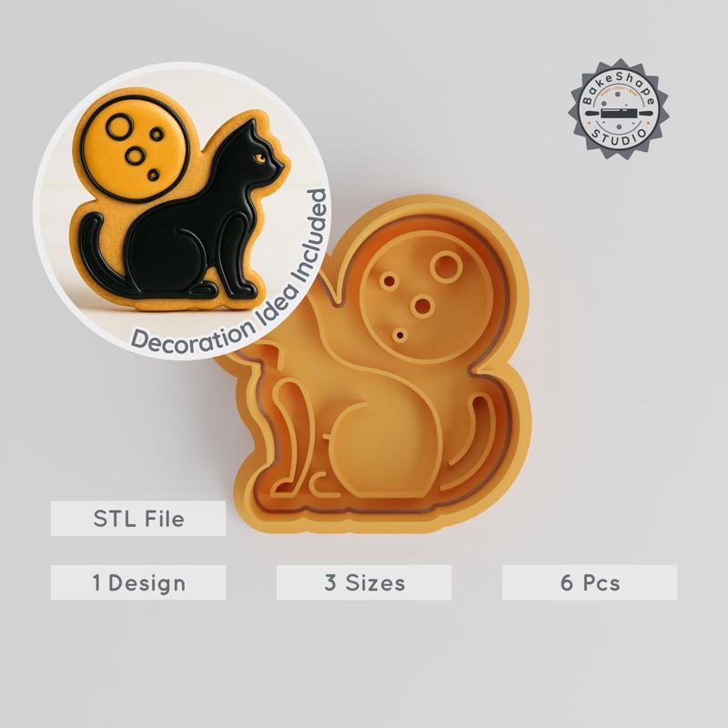 Black Cat Shape Cutter & Stamp, Cookie & Fondant Tool Set, 3 Sizes S/M/L, Halloween Gothic Cat Design PRODUCT_638