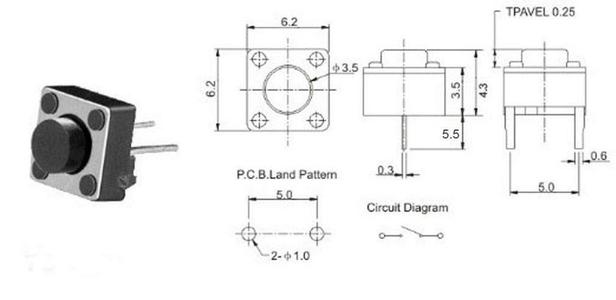 Button Switch 2 Pin DIP 6x6x5mm PCB Momentary Tactile Mock-up and mount enclosure