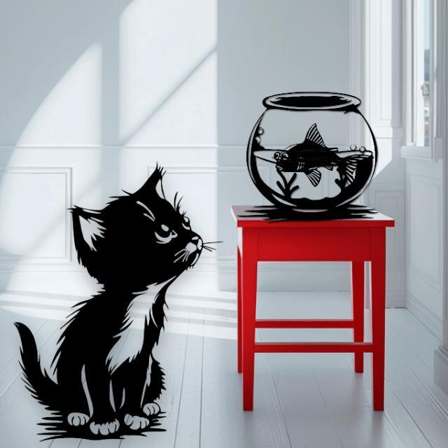 3 Piece Curious Kitten with Fish Wall Decor 