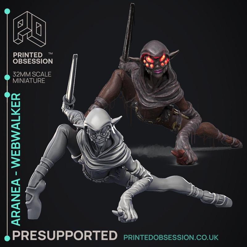 Aranea - Web Walker Drow -  PRESUPPORTED - Illustrated and Stats - 32mm scale