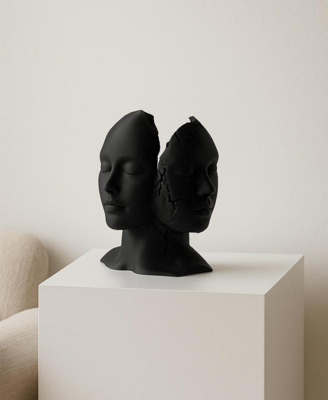 Fragmented Duality Abstract Face Sculpture – Modern Art