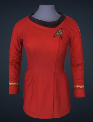 Red Starfleet uniform worn by Nichelle Nichols as Lt. Uhura on Star Trek