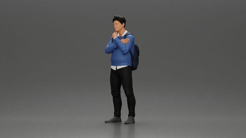 Confident Man with Backpack in Blue Sweater Pondering Thoughts