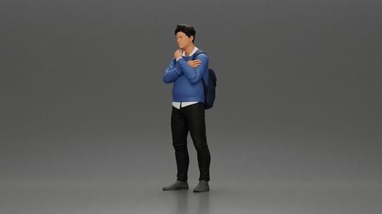 Confident Man with Backpack in Blue Sweater Pondering Thoughts