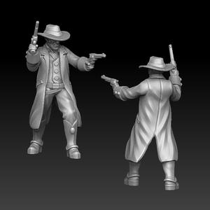 Wild west cowboy gunslinger shoots dual guns one gun up