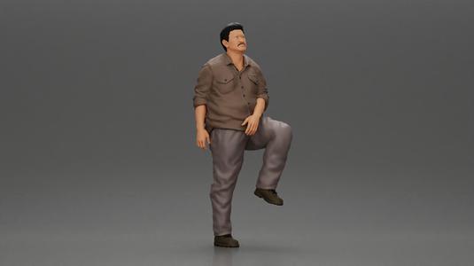 Fat Asian man looking upward in shirt and pants with one leg placed on a step