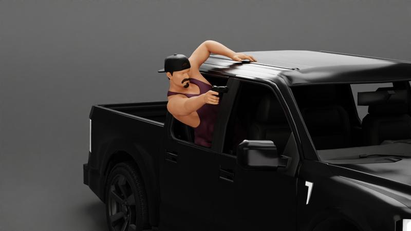 Gangster man in cap shooting gun leaning out the window of the car