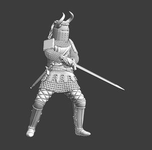 Medieval Knight fighting with sword - horned helmet