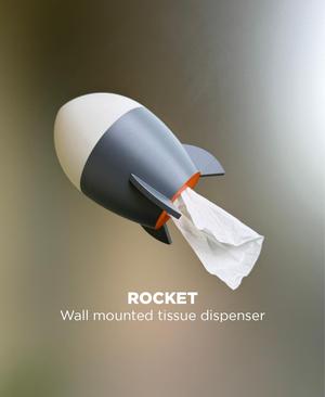 Rocket, wall mounted tissue dispenser.