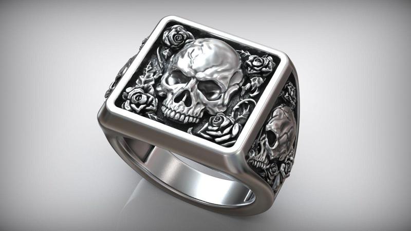 Skull Head Roses Flower Thorns Square Engraved Signet