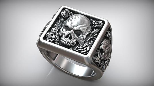 Skull Head Roses Flower Thorns Square Engraved Signet