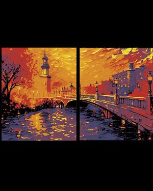 2 Pane Wall Art - The beauty of the riverside and buildings Oil Painting - Hueforge