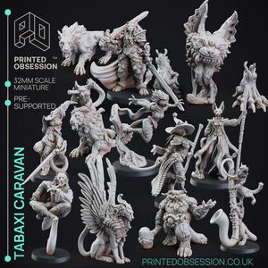 Tabaxi Caravan Set- 14 Models - PRESUPPORTED - 32mm Scale - Illustrations & Rules