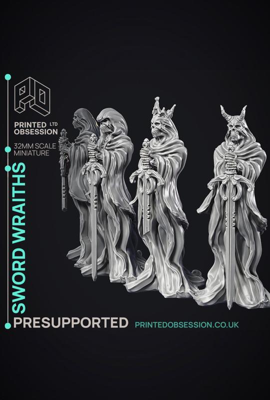 Sword Wraiths - 4 Models - Undead Sword Masters - PRE SUPPORTED -32mm scale - D&D 