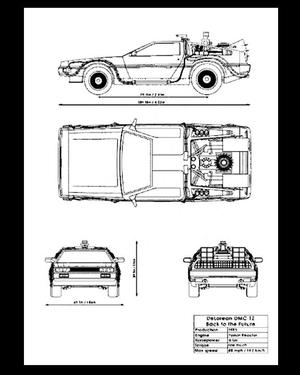 Artful Creation - Blueprint style Picture of Back to the Future's DeLorean - Car Collection Model