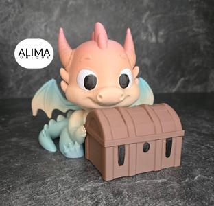 Baby dragon with a treasure chest
