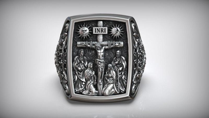 Jesus Christ Crucifix Cross Mary and Saints Christian Ring