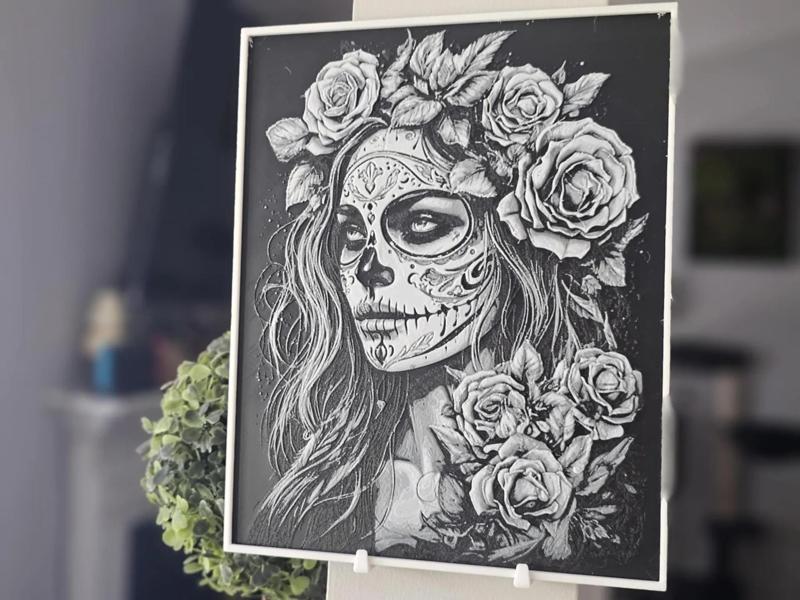 Black and White La Catrina Hueforge 3D Printed Texture Art
