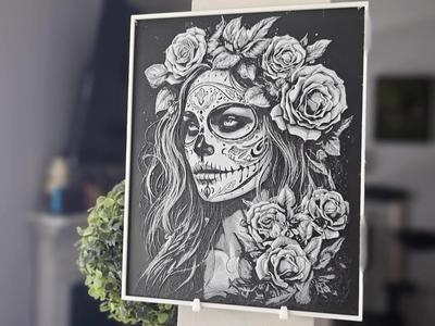 Black and White La Catrina Hueforge 3D Printed Texture Art