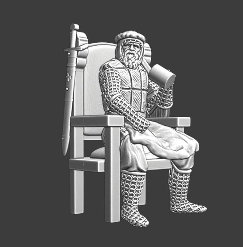 Old medieval knight sitting and drinking