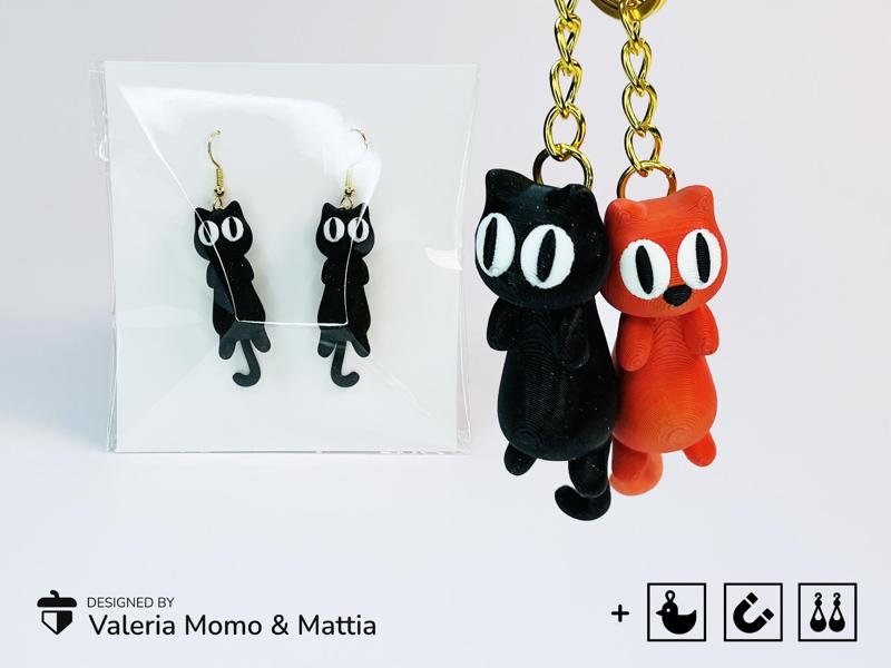 Cute Flexi Cat w tail Keychain, Earring & Magn